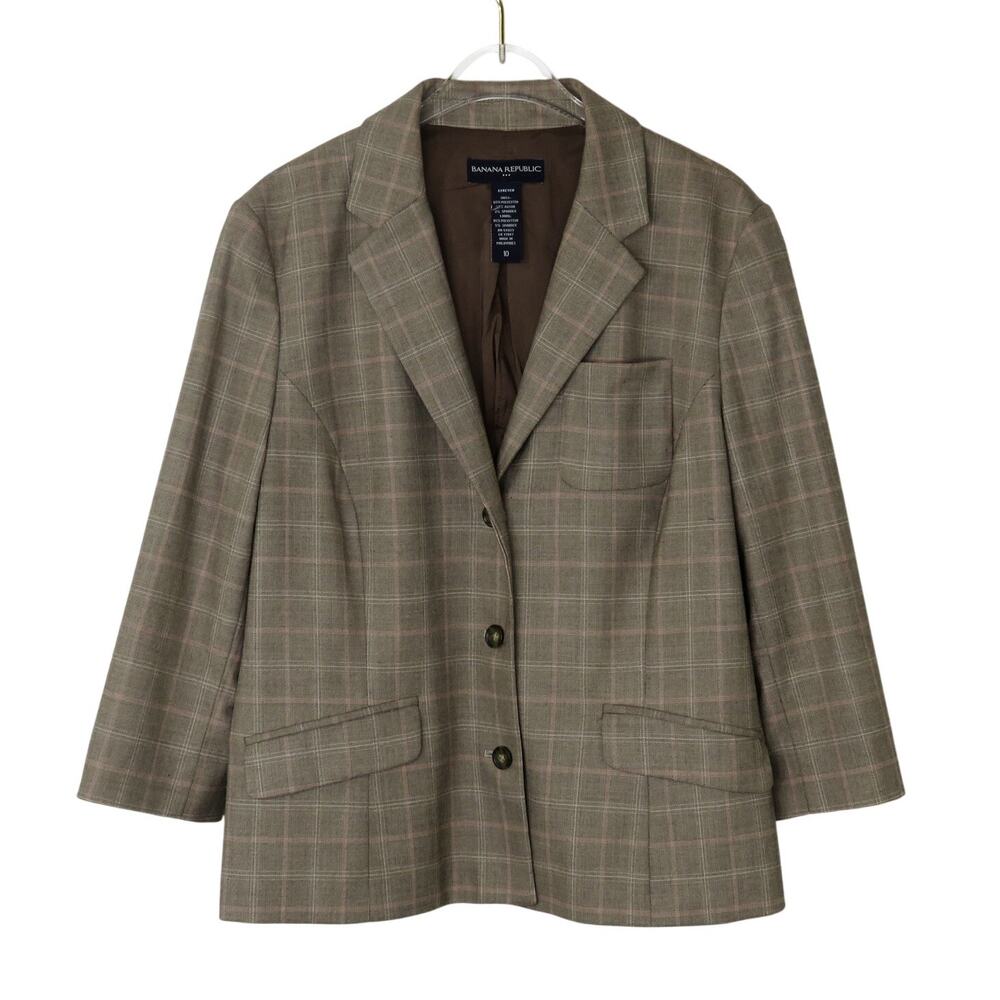 Banana Republic Mocha Brown Plaid Blazer Jacket Size 10 Large Women's